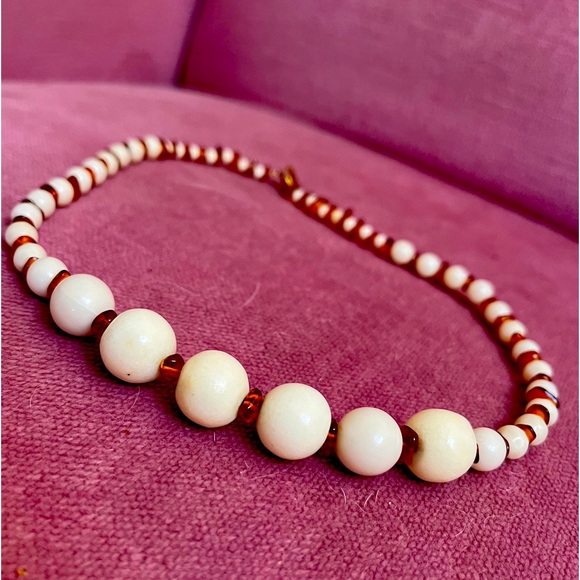Artisan Jewelry - Artisan crafted ivory/cream colored glass beads and amber necklace .